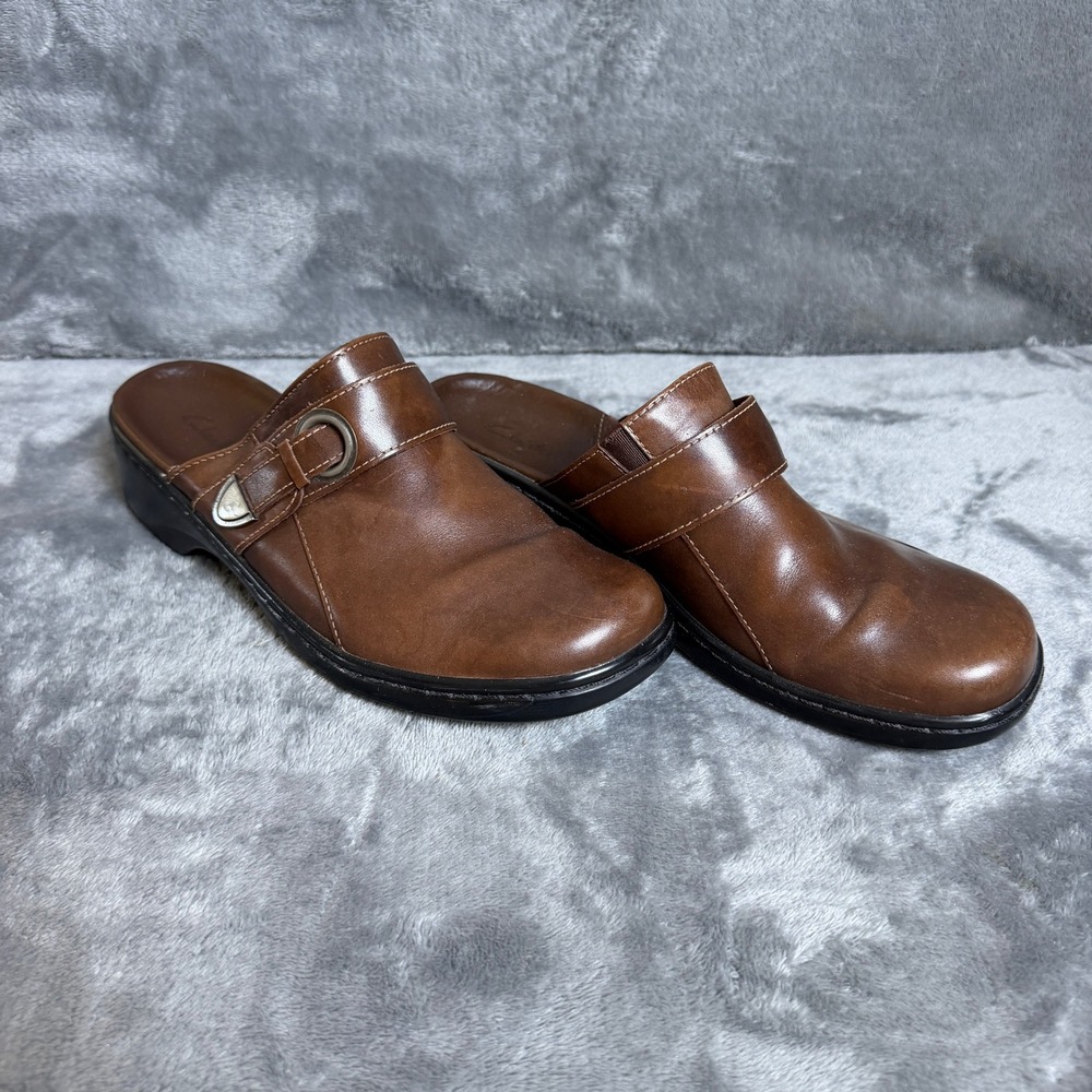 Clarks  Womens 8M Brown Leather Mules Buckle Clog Platform Wedge Shoes